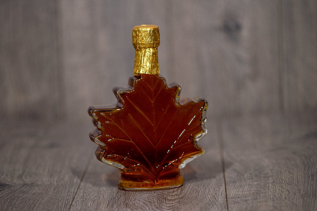 Pure New Hampshire Maple Syrup in Glass Leaf Bottles