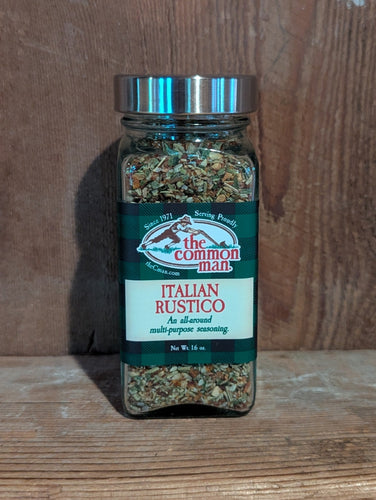 Jar of 'Italian Rustico' seasoning on a wooden surface